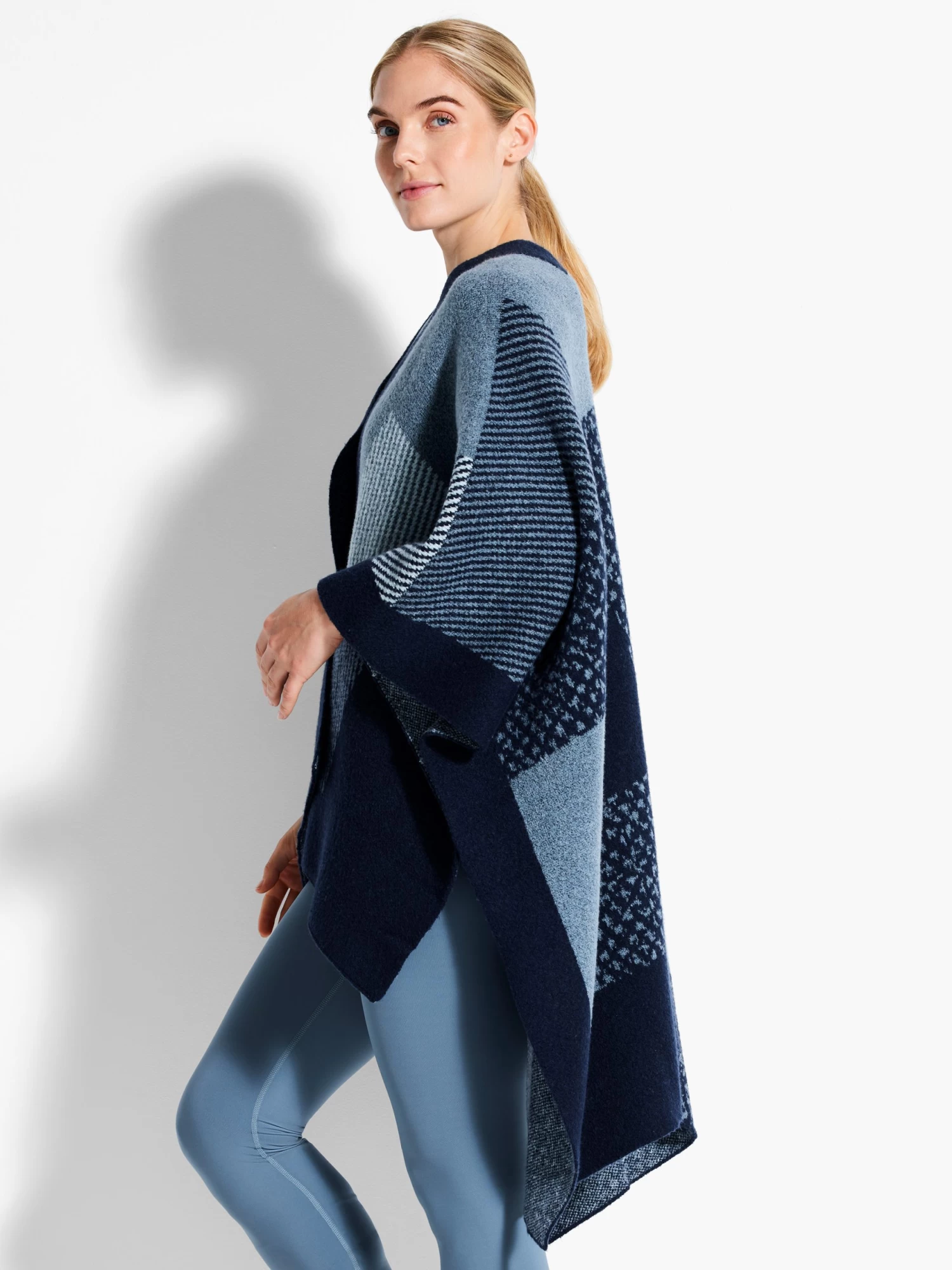 Cozy Reversible Jacquard Poncho AQUA MULTI - Image 2
