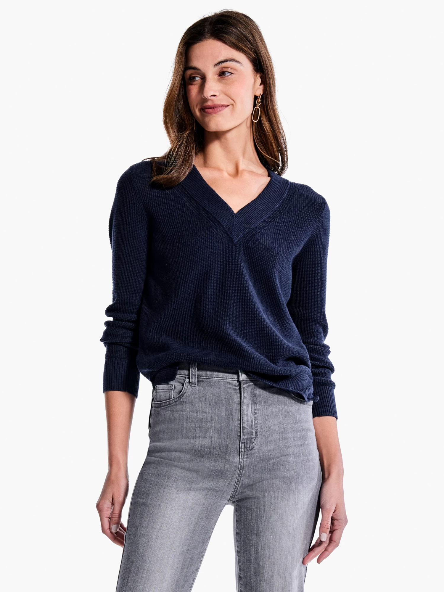 Waffle Stitch V-Neck Sweater DARK INDIGO