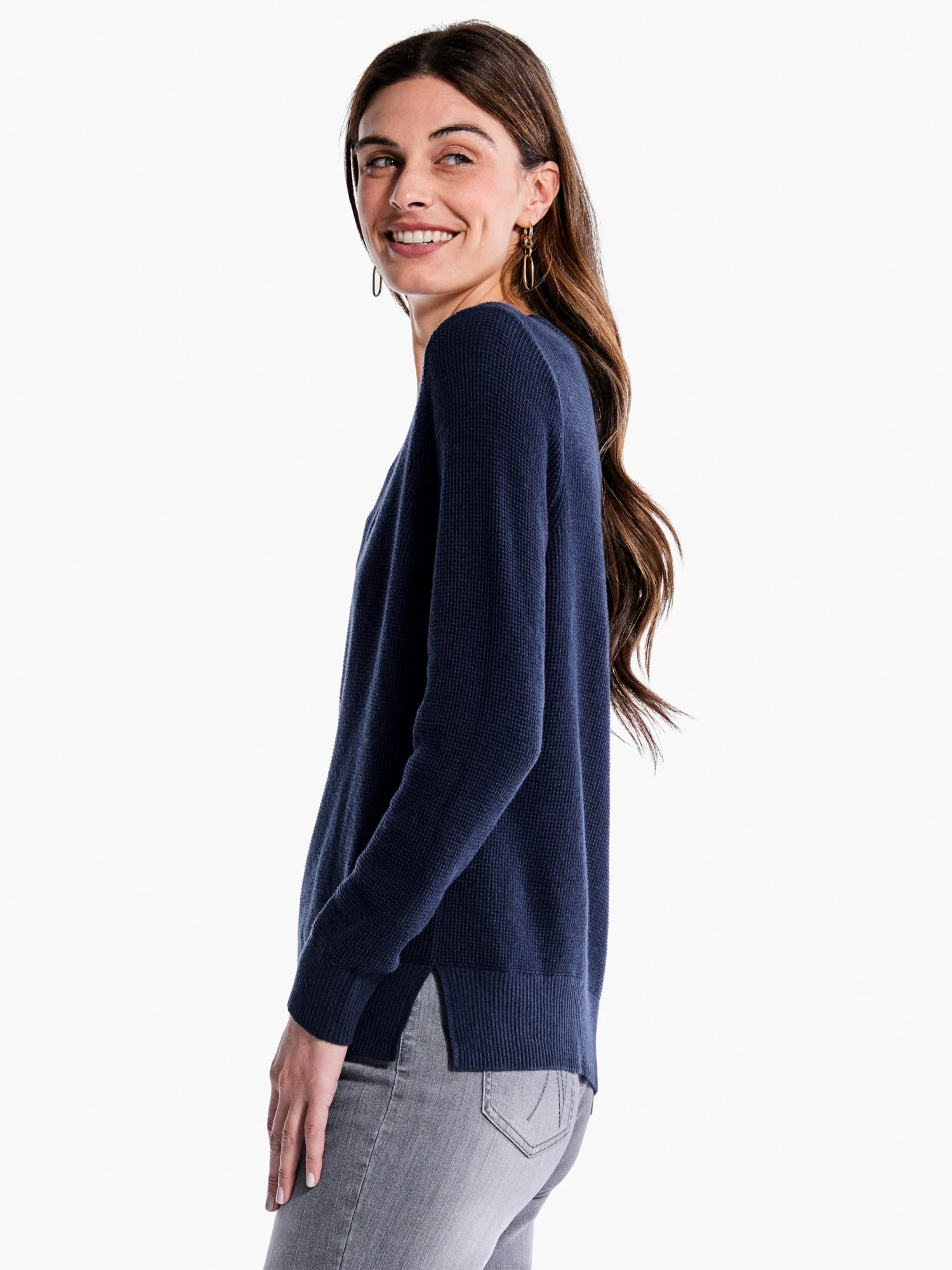 Waffle Stitch V-Neck Sweater DARK INDIGO - Image 2