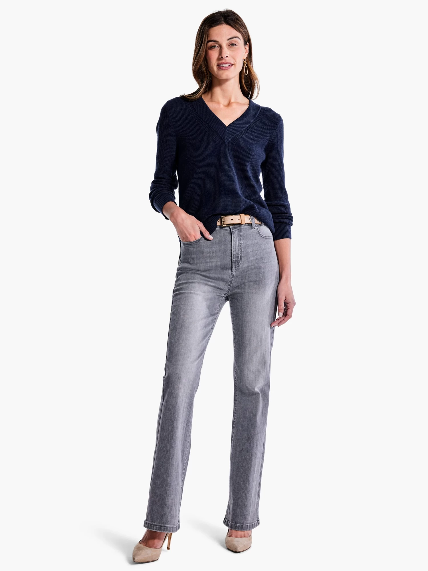 Waffle Stitch V-Neck Sweater DARK INDIGO - Image 4