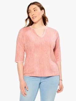 NZT 3/4 Sleeve Split Collar Stitch Top PINK MULTI