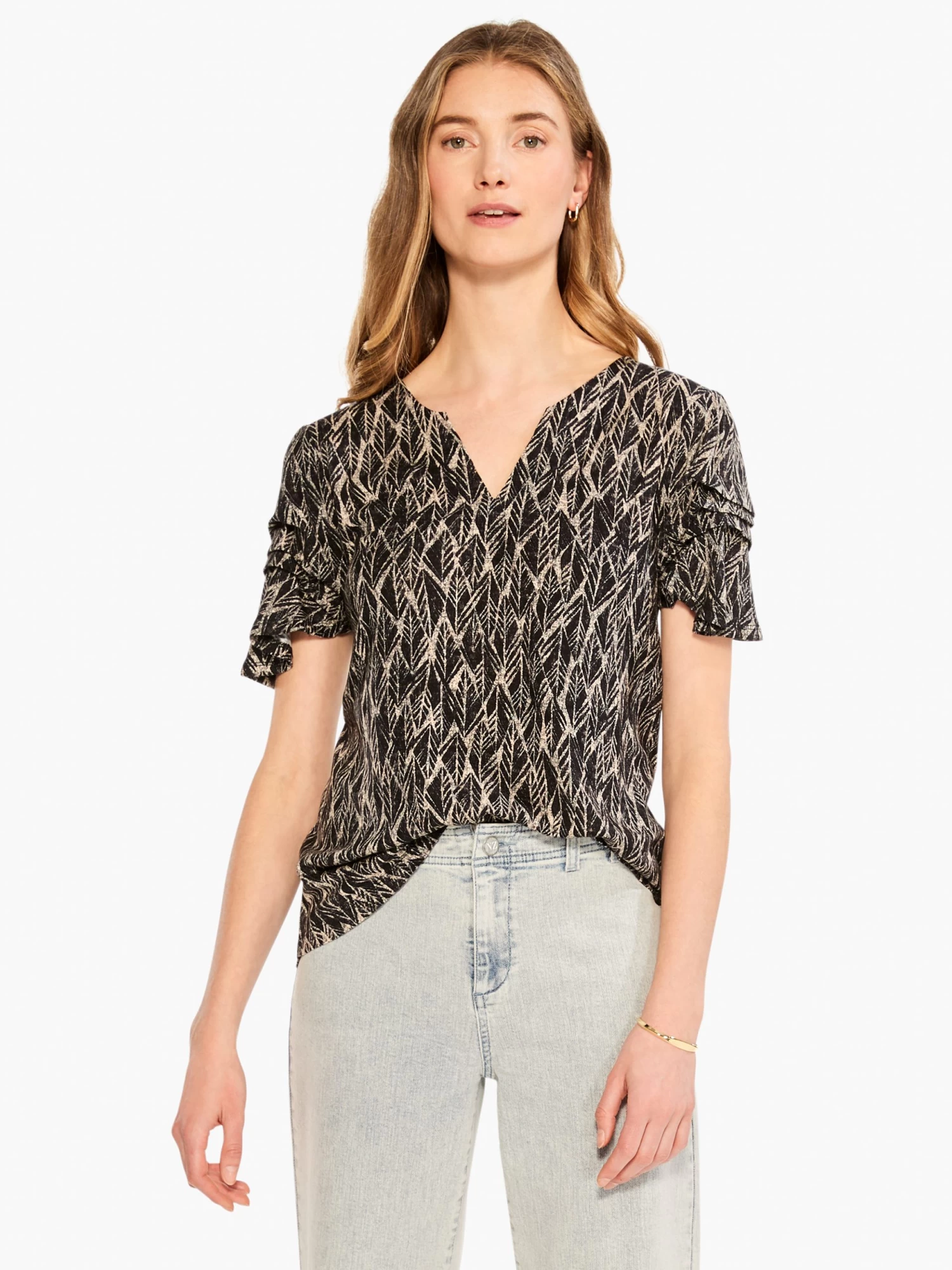 NZT Sketched Leaves Flutter Sleeve Split Neck Tee BLACK MULTI - Image 2
