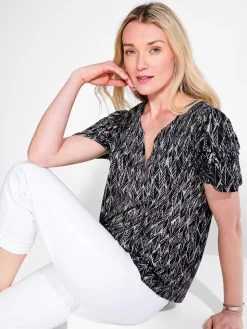 NZT Sketched Leaves Flutter Sleeve Split Neck Tee BLACK MULTI