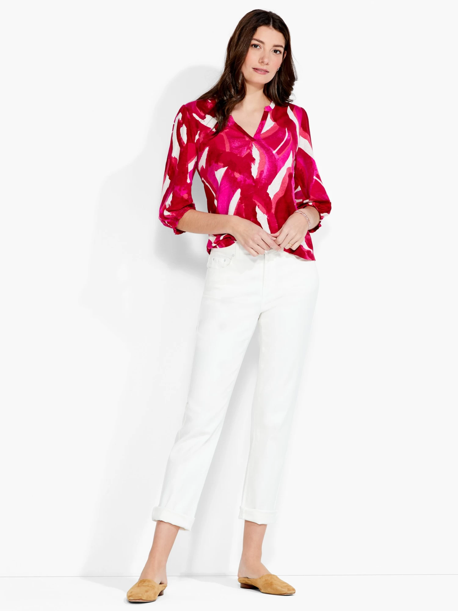 NZT Blooms 3/4 Sleeve Split Neck Tee PINK MULTI - Image 4