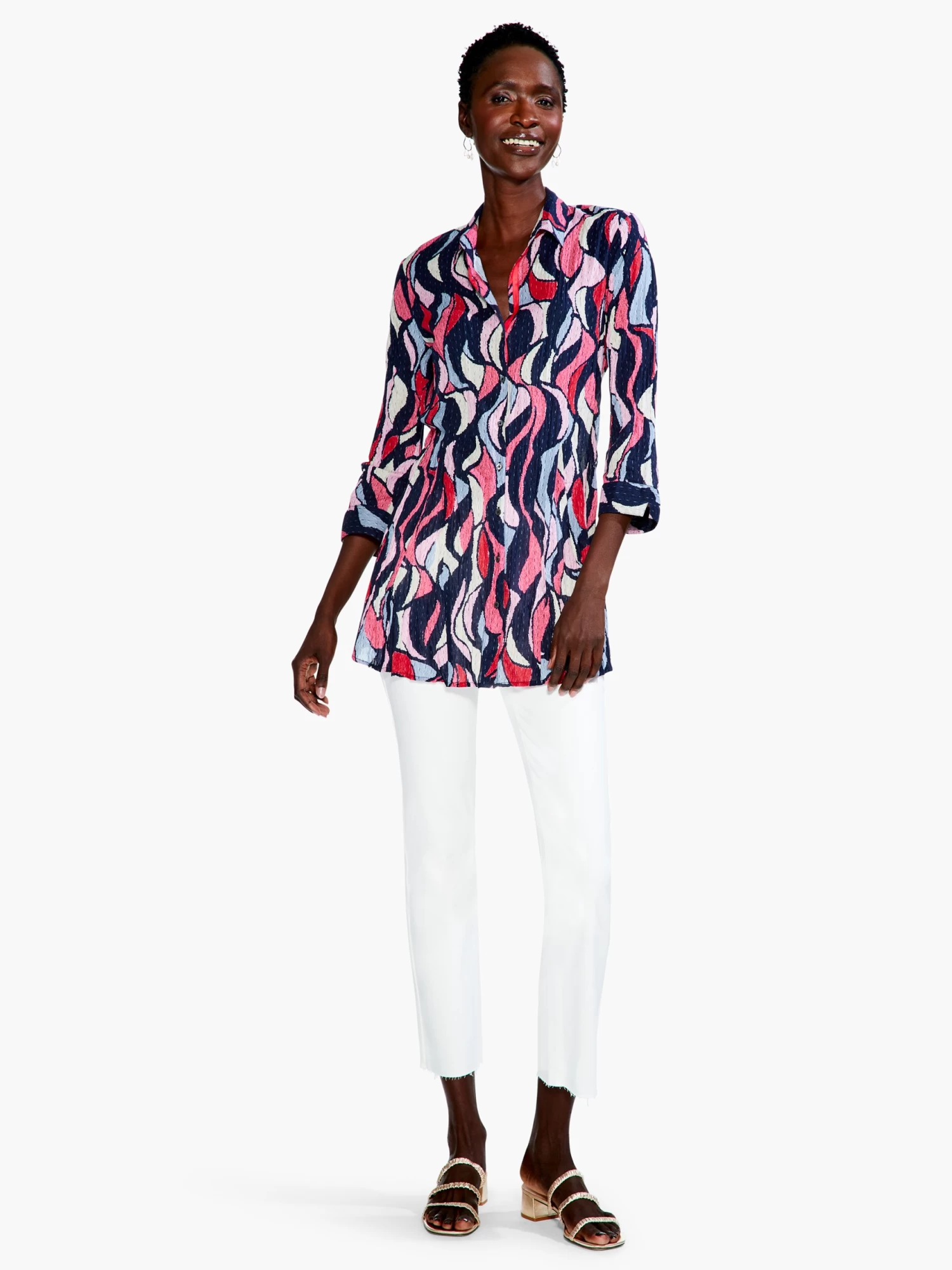 Wavy Mosaic Long Crinkle Shirt PINK MULTI - Image 4