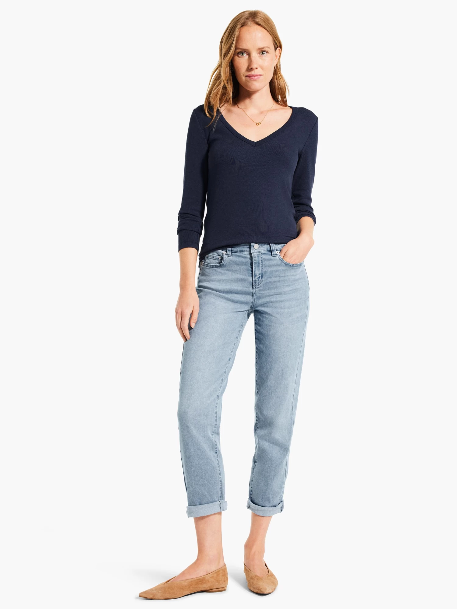 Perfect Knit Rib Long Sleeve V Neck DARK INDIGO - Image 4