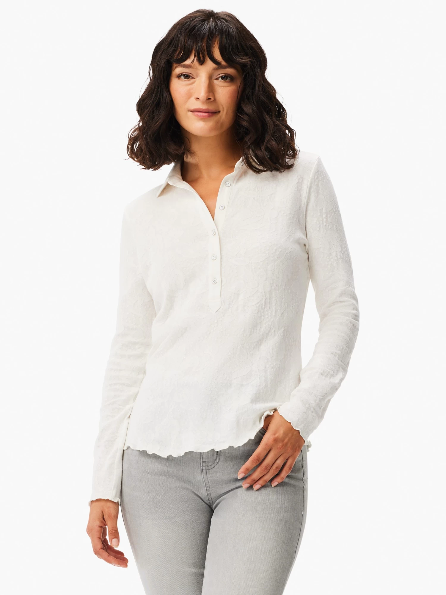 Lace Knit Collared Top CREAM